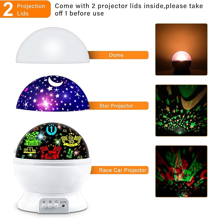 Kids Night Light Projector for Boys, Race Car & Star Dual Cover Projector Lamp, 360° Rotating Ceiling Light, Race Car Night Light for Bedroom, Birthday Gifts for Boys Age 3-7