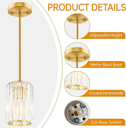 Gold Pendant Light, Modern Crystal Pendant Lights Kitchen Island, Kitchen Island Lighting with Adjustable Height, UL Certified Island Lights for Kitchen Dining Room Bedroom Hallway 1 Pack