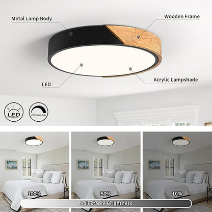 Modern Dimmable Black Flush Mount Ceiling Light Wood Close to Ceiling Lights for Bedroom Round Ceiling Lamp Lighting Fixture for Hallway Kitchen Laundry Room(11.8in)