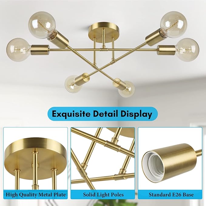 Modern Sputnik Chandelier 6-Light Industrial Ceiling Lights Fixture 22" Gold Semi Flush Mount Ceiling Light with E26 Base Sputnik Lights Fixture for Dining Room Bedroom Foyer Hallway Living Room