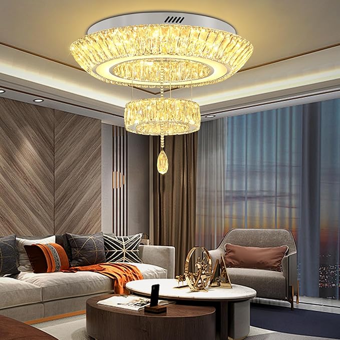 24inch Led Ring Crystal Chandelier,Modern Luxury Crystal Chandelier for Dining Living Room 2-Tier Crystal Raindrop Chandeliers Lighting Dimmable LED 3000-6000K