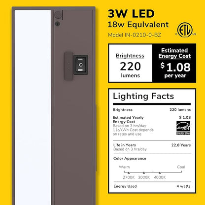 GETINLIGHT 9-inch 3 Color Levels LED Under Cabinet Lighting, Hardwired or Plugged-in, Selectable White 2700K/3000K/4000K, Dimmable, Bronze Finished, IN-0210-0-BZ
