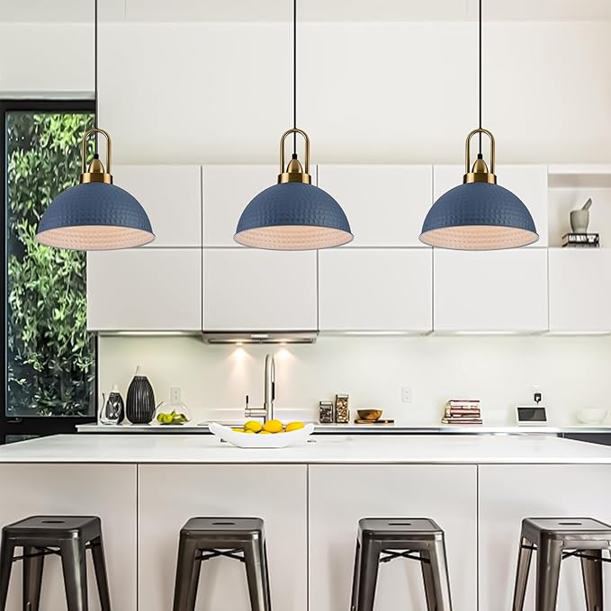 Blue Pendant Lights Kitchen Island Industrial Adjustable Height Vintage Dome Hanging Light Fixtures for Barn, Dining Room 2 Packs