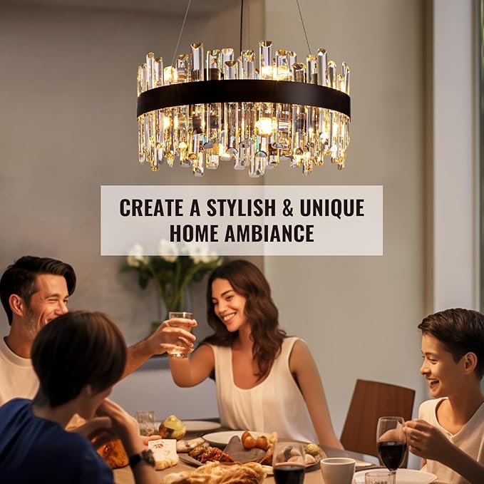 Siljoy Black Crystal Chandelier for Dining Room, Modern 2-Tiers K9 Crystal Raindrop Chandelier 12 Lights Farmhouse Pendant Ceiling Light for Living Room Kitchen Island Entry Foyer D19.7''