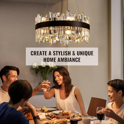 Siljoy Black Crystal Chandelier for Dining Room, Modern 2-Tiers K9 Crystal Raindrop Chandelier 12 Lights Farmhouse Pendant Ceiling Light for Living Room Kitchen Island Entry Foyer D19.7''
