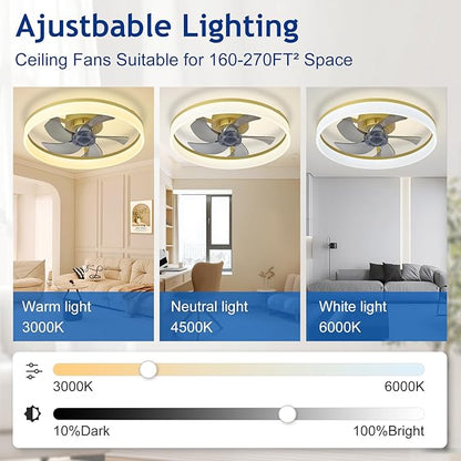 DLLT LED Ceiling Fan with Light: 20" Modern Low Profile Flush Mount Fandelier with App & Remote Control - Dimmable Gold Bladeless Fan Light Fixture for Bedroom Kids Room Living Room