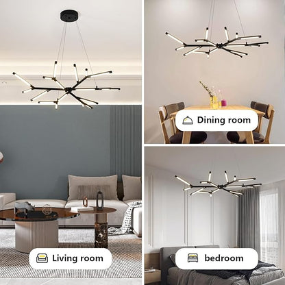 Modern LED Linear Chandelier,Black Mid Century Modern Pendant Light,Adjustable Height Branch Style Chandelier for Dining Room,Kitchen Island,Living Room,Staircase,Easy to Install