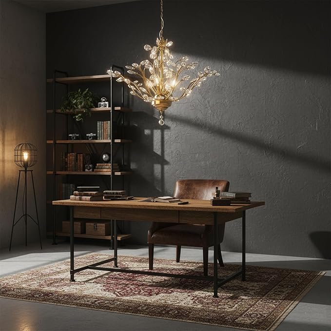 Maxax Gold Crystal Chandelier, 4-Light K9 Crystal Pendant Light, Adjustable Electroplated Ceiling Fixture for Dining Room, Living Room, Bedroom, and Foyer, 18.1" D x 58" H