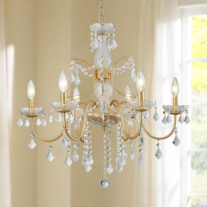 Bestier Gold Finish Elegent Crystal Candle Candelabra Chandelier 6 Light Lighting Fixture LED Pendant Ceiling Light Dia 26 in x H 26 in