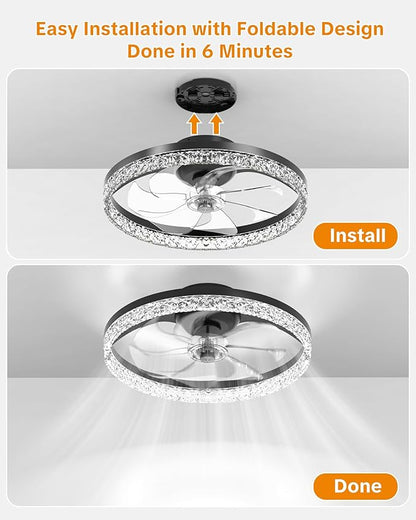 Ceiling Fans with Lights and Remote Low Profile Flush Mount LED Ceiling Fan with Lights 3000K-6500K Dimmable Foldable Fandelier Light 6 Wind Speeds Night Light for Bedroom Living Room Black