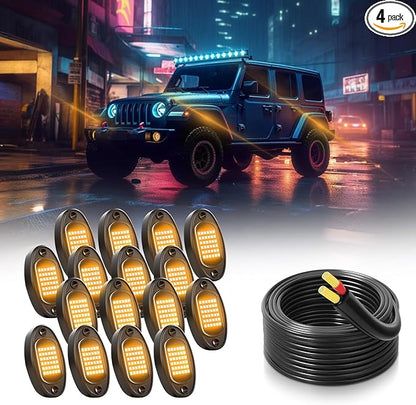 Rock Lights Ultra Bright LED Neon Underglow Lights Waterproof for Trucks Pickup SUV UTV ATV RZR Car Boats Motorcycle (Yellow, 16 Pods+ 33ft Wire Harness)