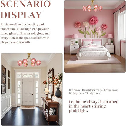 8-Light Sputnik Pink Chandelier Vintage Flush Mount Ceiling Light with Globe Glass Pendant Lights Gold Chandeliers for Dining Room Bedroom Living Room