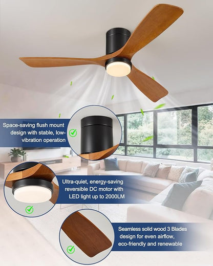 Ceiling Fans with Lights, 52 Inch Flush Mount Outdoor Ceiling Fan Low Profile, 3 Wood Blades, ETL Listed, Timer, 6 Speeds Reversible DC Motor Modern Fans for Bedroom, 52in, Brown and Black