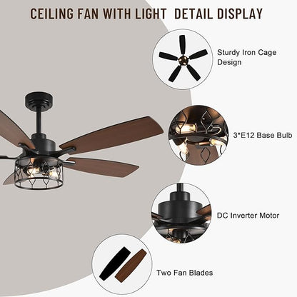 52'' Caged Ceiling Fans with Lights and Remote Control,Reversible DC Motor,5 Double Colour Blades,Rustic Farmhouse Ceiling Fan for Living Room,Dining Room,Bedroom