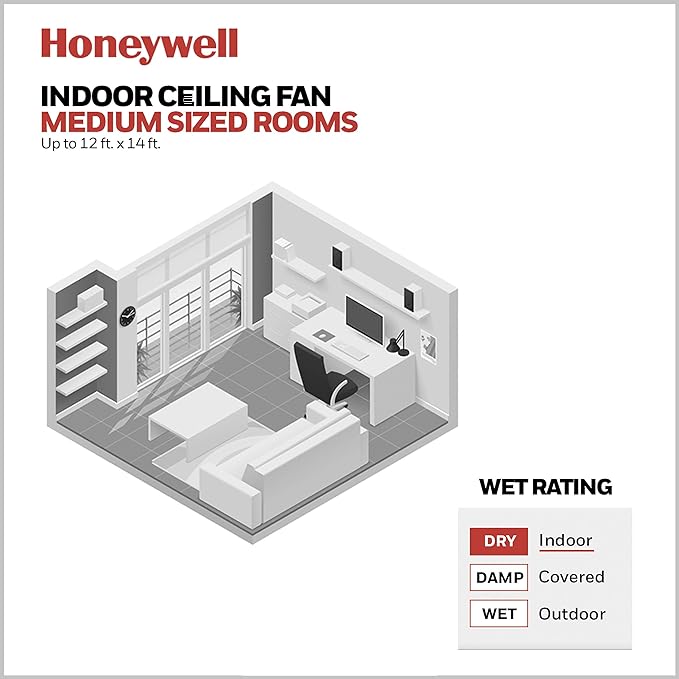 Honeywell Ceiling Fans Barcadero Contemporary 44 Inch Ceiling Fan with Light, Pull Chain, LED Indoor Fan with 3 Blades, Matte Black (51476-01)
