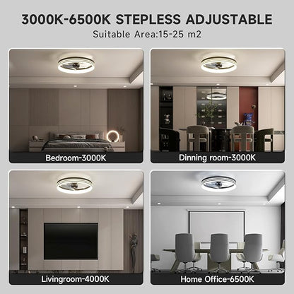 VOLISUN Low Profile Ceiling Fans with Lights and Remote, 19.7in Flush Mount Ceiling Fan with Light, 3000K-6500K Dimmable Fandelier LED Fan Light, Black Bladeless Ceiling Fans with Lights for Bedroom