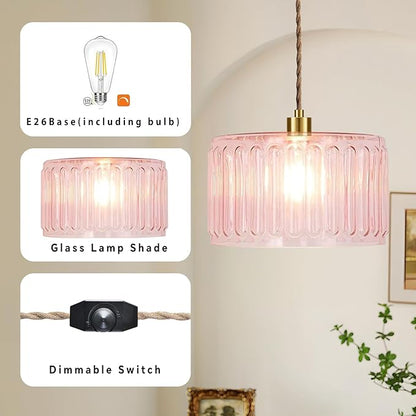 QIYIZM Pink Plug in Pendant Light Glass Hanging Lights with Plug in Cord Boho Hanging Lamp Gold Mid Century Modern Vintage Dimmable Flower Plug in Chandelier Ceiling Fixture for Living Room,Bedroom