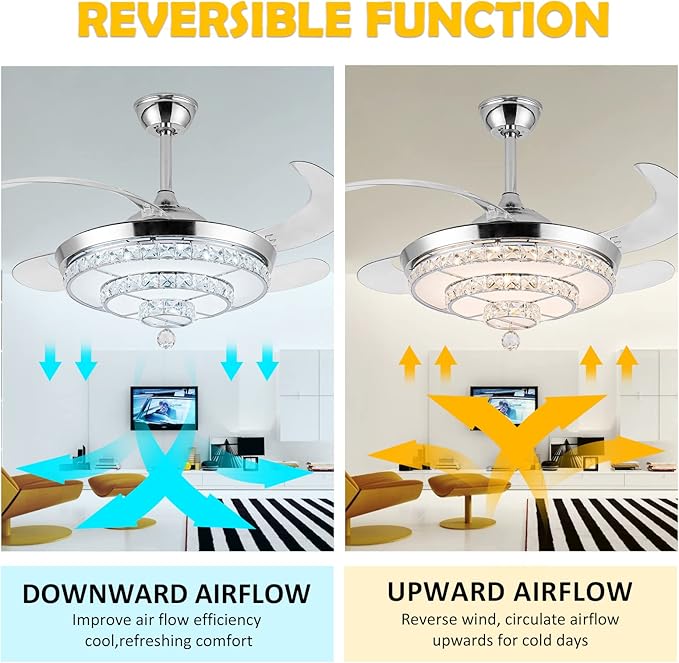 42" Fandelier Invisible Ceiling Fan Chandelier with Light,Modern Crystal Ceiling Fan Light Remote Control 4 Retractable ABS Blades for Bedroom Living Dining Room Decoration