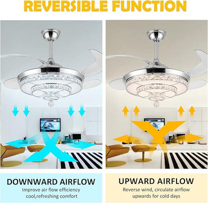42" Fandelier Invisible Ceiling Fan Chandelier with Light,Modern Crystal Ceiling Fan Light Remote Control 4 Retractable ABS Blades for Bedroom Living Dining Room Decoration