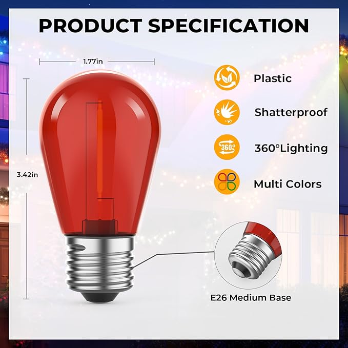 GvvooHome 36 Pack LED S14 Colored Light Bulbs for Outdoor String Lights, Shatterproof 1W Replacement Bulbs for Party Lights, 2200K Warm White, Dimmable, E26 Base, Multi-Color: Red/Green/Blue/Orange
