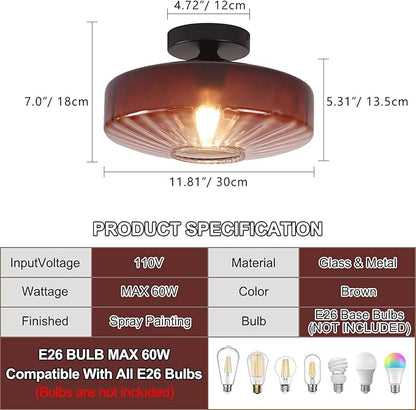 Mid Century Ceiling Light, 11.8 Inches Glass Semi Flush Mount Ceiling Light Retro Small Chandelier Mid Century Vintage Modern Coffee Glass Overhead Lighting E26