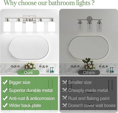 5-Light Brushed Nickel Bathroom Vanity Light with Milky White Frosted Glass Shades, Modern Bathroom Light Fixtures, Up/Down Reversible Lighting for Mirror, Bedroom, Kitchen, Living Room, Hallway