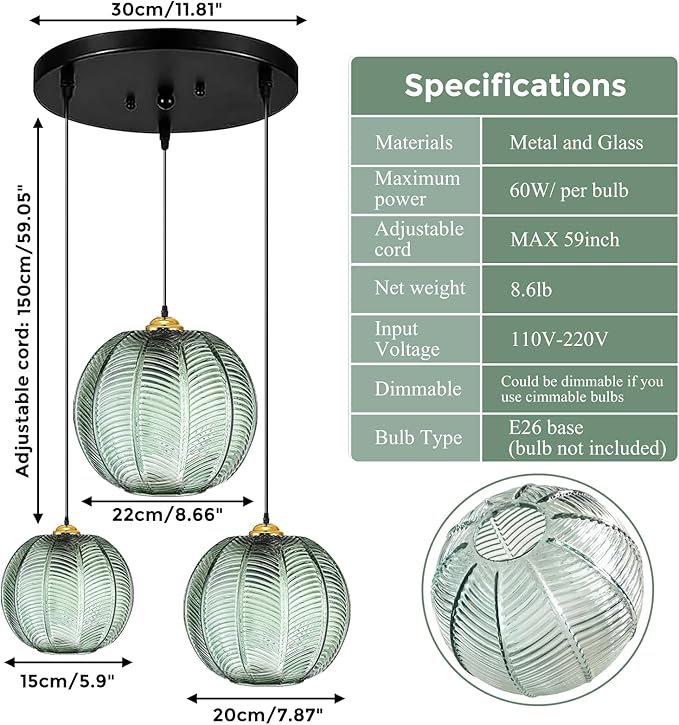 Green Pendant Light, 3 IN 1 Large Glass Pendant Light Fixtures E26 E27 Mid Century Modern Chandelier Ribbed Blown Glass Globe Shade Hanging Light Ceiling Light for Living Room Restaurant Bar,Blue