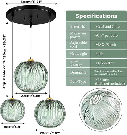 Green Pendant Light, 3 IN 1 Large Glass Pendant Light Fixtures E26 E27 Mid Century Modern Chandelier Ribbed Blown Glass Globe Shade Hanging Light Ceiling Light for Living Room Restaurant Bar,Blue