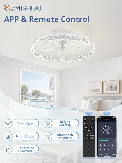 ZMISHIBO 19.7" Ceiling Fans with Lights, Low Profile Ceiling Fan and Remote, Flush Mount Ceiling Fans, Stepless Dimmable LED Light, White Fixtures for Bedroom, Living Room
