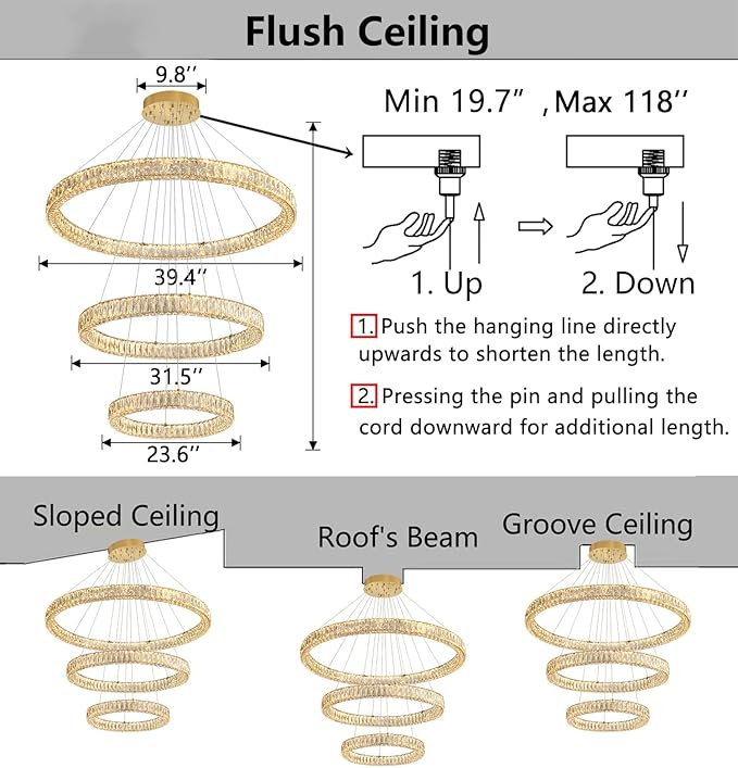 HAIXIANG Large Glam Chandelier Crystal LED 3 Rings Chandeliers Adjustable Hanging Ceiling Pendant Lights Fixture Gold 24"+32"+40" Ring Lighting for Living Room Foyer Entryway High Ceiling