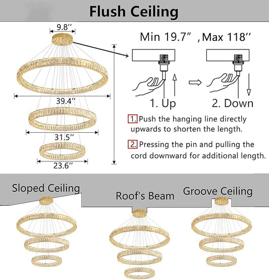HAIXIANG Large Glam Chandelier Crystal LED 3 Rings Chandeliers Adjustable Hanging Ceiling Pendant Lights Fixture Gold 24"+32"+40" Ring Lighting for Living Room Foyer Entryway High Ceiling