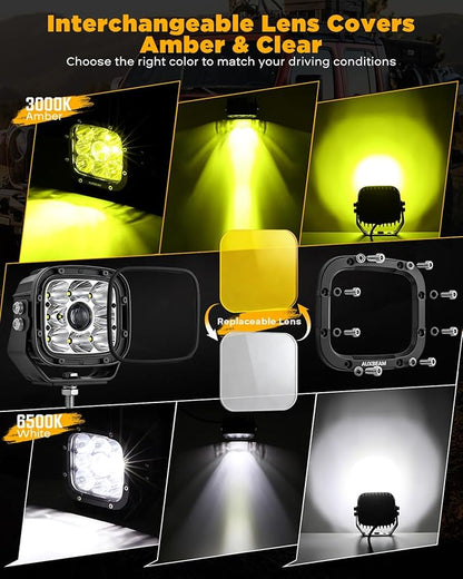 Auxbeam XP-Ultra Series 5" 110W Offroad Spotlights Hyper Spot Beam LED Pods Light Bar Amber White Dual Color Covers Driving Yellow Fog Ditch Lights, Pair