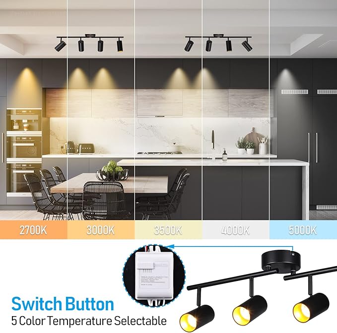 LEONLITE 36W 5CCT LED Track Lighting Fixtures Ceiling Dimmable, 4 Light Directional Track Fixture Flush Mount, 110-277V, CRI90, 3200lm, COB Spotlight Ceiling Light Indoor, Aluminum, Anti-Glare, Black