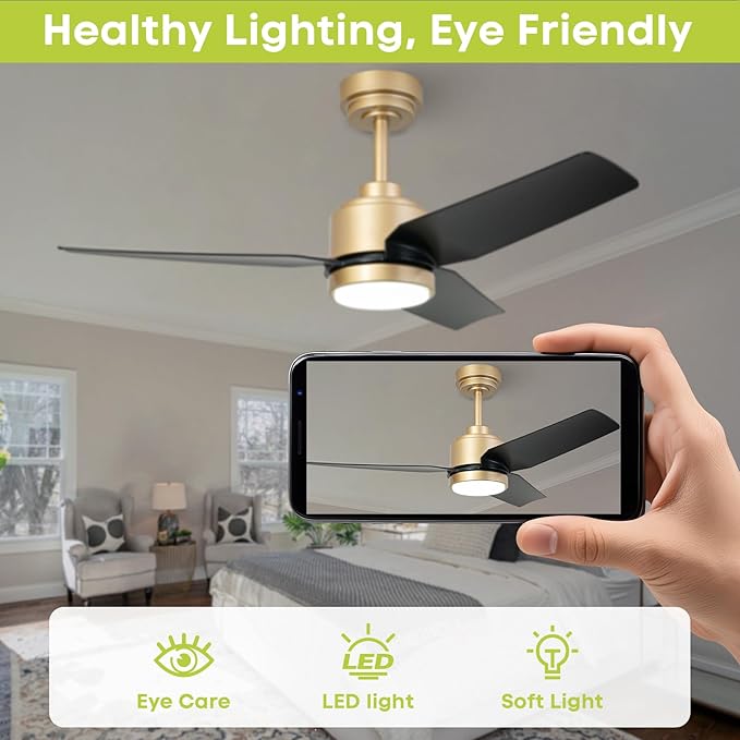 42 Inch Black Ceiling Fans with Lights and Remote/APP, Modern Ceiling Fan for Living Room Outdoor Ceiling Fan 6-Speed Adjustable Reversible DC Motor Timer Noiseless 3CCT Dimmable for Bedroom Office