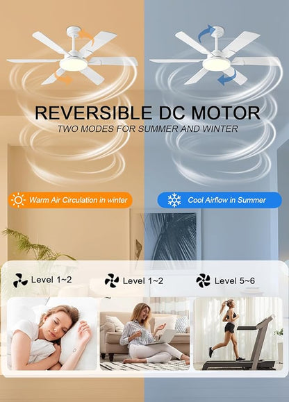 JSAITEE 52 Inch Low Profile Ceiling Fan with Lights, Remote & APP Control, 3CCT Dimmable, 6 Blades 6 Speed Ceiling Fans, Quiet Reversible DC Motor, Modern White Ceiling Fan for Bedroom Living Room