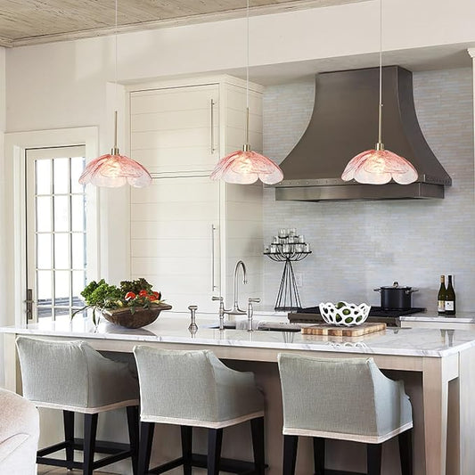 Pink Glass Pendant Lights Kitchen Island, 14'' Vintage Hanging Light Fixtures with Hammered Glass Flower Shade, Brass Pendant Ceiling Light for Kitchen Sink Hallway Bedroom