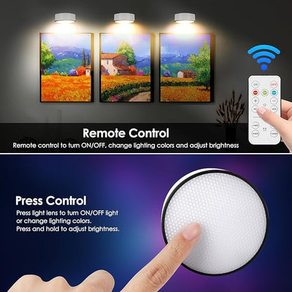 Arixinks 3Pcs Battery Picture Lights, Remote Painting Light for Art Disaplay,Magnetic Wall Picture Light Up/Down Light,Dimmable & Timer, 200LM 3 Lighting for Gallery Dartboard Frame Pictures