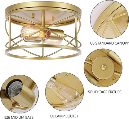 2-Light Flush Mount Ceiling Light Fixture, Industrial Modern Gold Ceiling Lamp, Vintage Farmhouse Light Fixture for Hallway, Bedroom, Dining Room, Living Room, Kitchen, Entryway