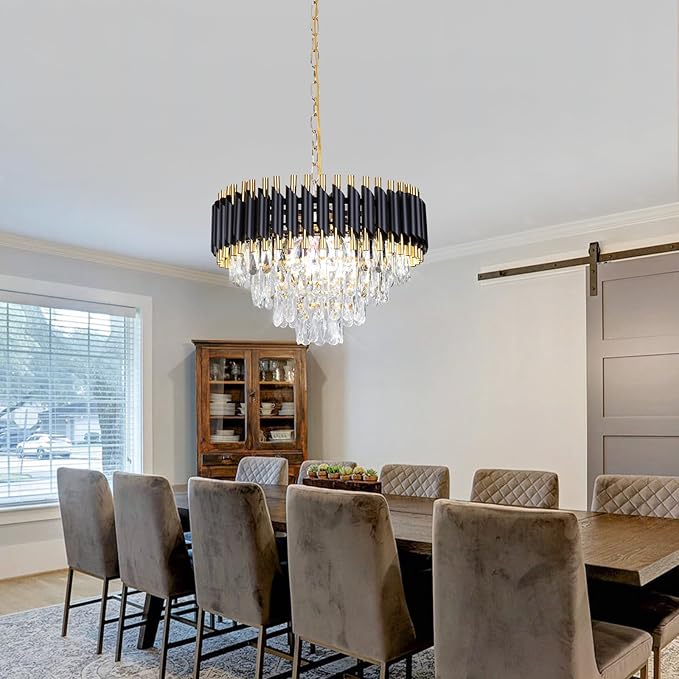 FRIXCHUR Modern Crystal Chandelier 20" Black Flush Mount Led Crystal Ceiling Light 4 Tiers Raindrop Crystal Pendant Light Led Chandelier for Bedroom Dining Room Entryway E12*7(Exclud Bulbs)