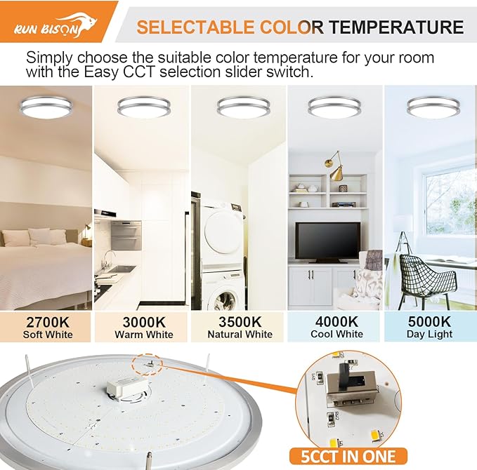 12IN Double Ring Flush Mount Fixture, 15W, 1000LM, with 5CCT 2700K-5000K Adjustable LED Ceiling Lighting, Dimmable Ceiling Light for Hallway, Bedroom, Kitchen, ETL Listed - 2PK