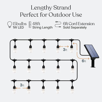 Brightech Ambience Pro Solar Powered Outdoor String Lights, 48 ft Commercial Grade Waterproof Patio Lights, Shatterproof LED String Lights for Outside, Porch - 15 Edison Bulbs, 1W Warm White