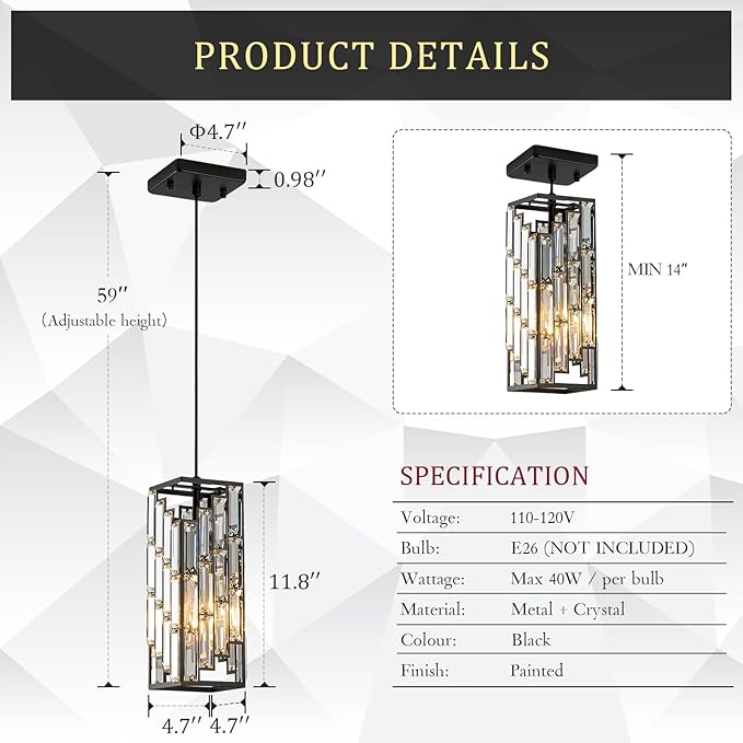 CATINER Black Crystal Pendant Light, Mini Hanging Light Fixture with Adjustable Cord, Modern Industrial Pendant Lighting for Kitchen Island, Dining Room, Bedroom, Hallway, E26 Base (1 Pack)