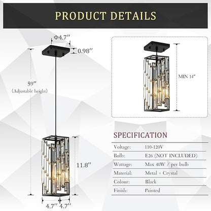 CATINER Black Crystal Pendant Light, Mini Hanging Light Fixture with Adjustable Cord, Modern Industrial Pendant Lighting for Kitchen Island, Dining Room, Bedroom, Hallway, E26 Base (1 Pack)