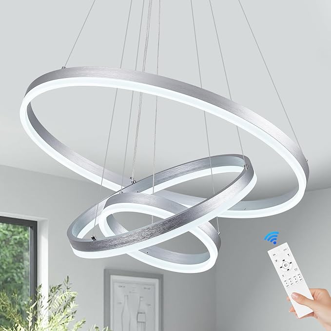Benkut 3-Rings Modern LED Chandelier Silver Dimmable Pendant Lighting with Remote Control Circular Flush Mount High Ceiling Light for Dining Room Living Room Entrance Foyer, 3000K-6500K D23.6in