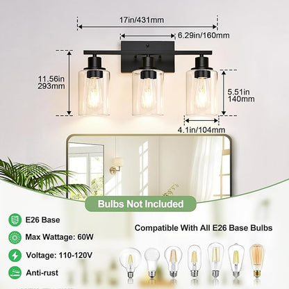 Indoi 3 Light Bathroom Light Fixtures, Matte Black Modern Vanity Lights with Clear Glass Shade, Bathroom Wall Lamp for Mirror Kitchen Living Room Hallway Cabinet Porch