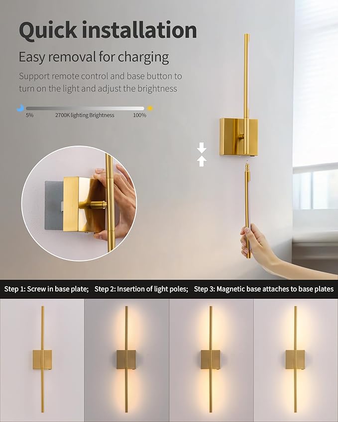 KDG Cordless Wall Sconces Set of 2, Wireless 5200mAh Rechargeable Battery Operated LED Wall Lamps with Remote, 360° Rotate Lightings for Wall Painting, Bedroom, Hallway, Night Light 23.6 inch (Gold)