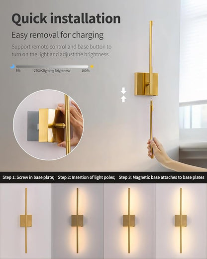KDG Cordless Wall Sconces Set of 2, Wireless 5200mAh Rechargeable Battery Operated LED Wall Lamps with Remote, 360° Rotate Lightings for Wall Painting, Bedroom, Hallway, Night Light 23.6 inch (Gold)