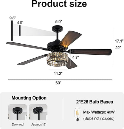 Farmhouse Ceiling Fan with Lights and Remote Large Rustic Ceiling Fan Caged Fandelier Industrial Chandelier Light, Reversible Quiet DC Motor 6 Speed for Indoor Outdoor (Crystal, 60 Inch)