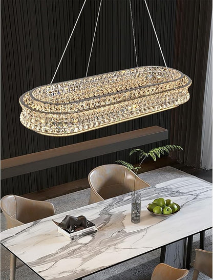 47" LED Rectangle Chrome Crystal Chandeliers for Dining Room, Luxury, Rectangular Modern Crystal Oval Kitchen Chandelier, Dimmable LED with Remote, for Dining Room, Kitchen Island