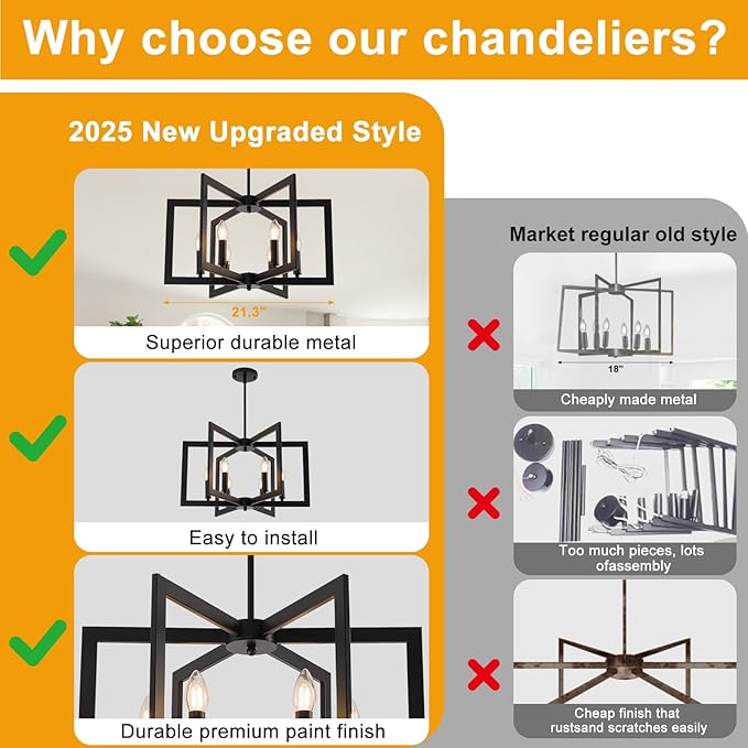 21.6" Black Chandelier for Dining Room, 6-Light Geometric Farmhouse Dining Room Fixture, Modern Foyer Lighting Fixtures, Industrial Hanging Pendant Lights for Kitchen Island, Living Room, Entryway